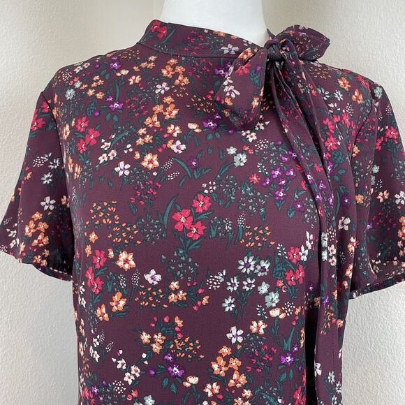 Ce Ce Mini Dress Short Sleeve Mock Neck Tie Burgundy Floral Teacher Career-8 - Picture 3 of 11